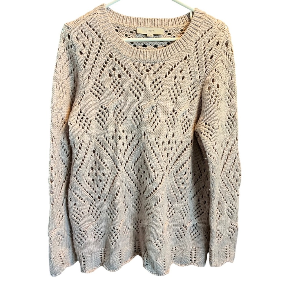 LOFT Womens Large Pink Pointelle Knit Wool Blend Sweater Scalloped Hem 487113